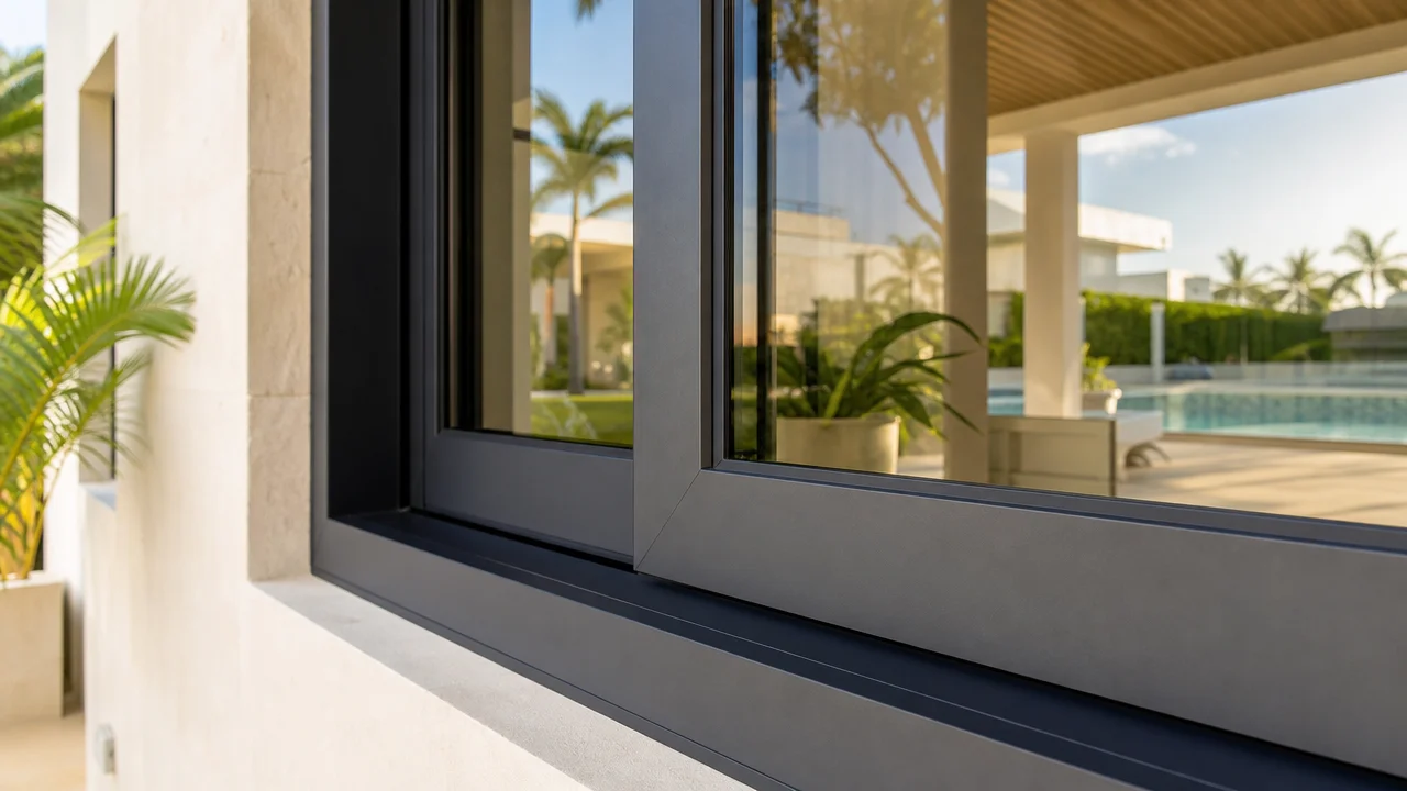 Ventanas de aluminio negro instaladas en residencia moderna en República Dominicana mostrando acabado anodizado
