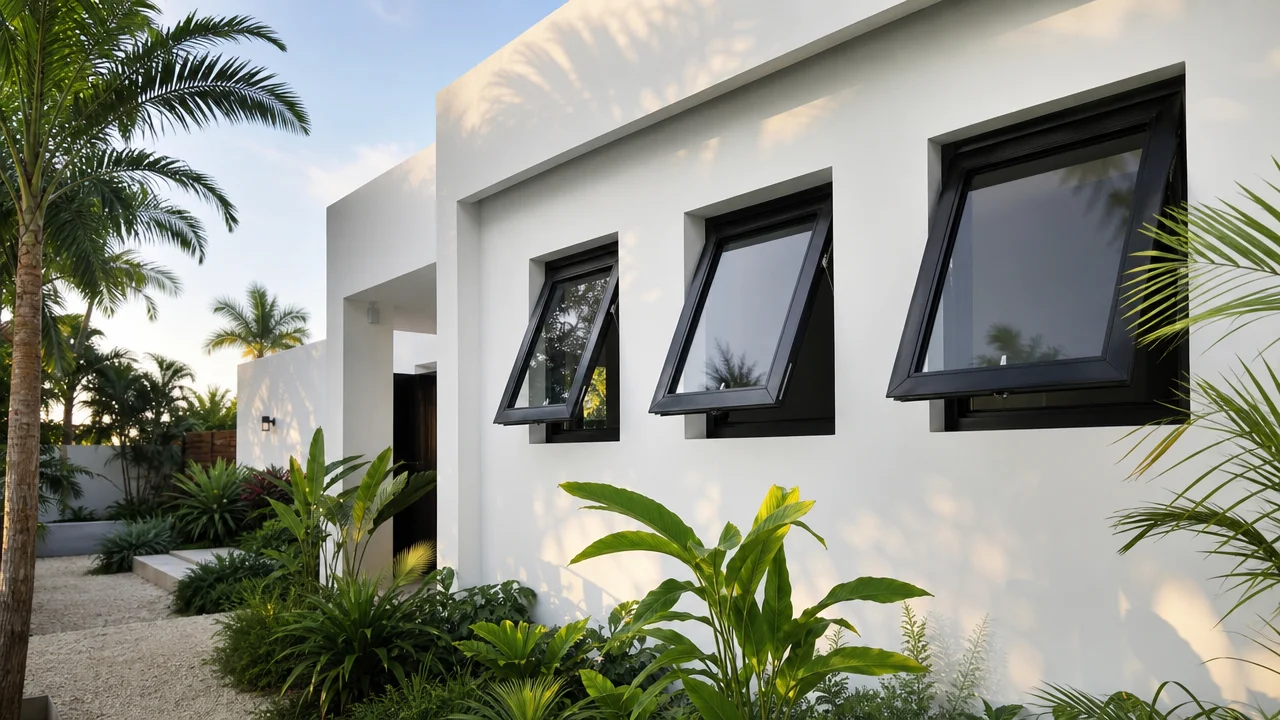Ventana proyectada de aluminio negro instalada en fachada de residencia moderna en República Dominicana