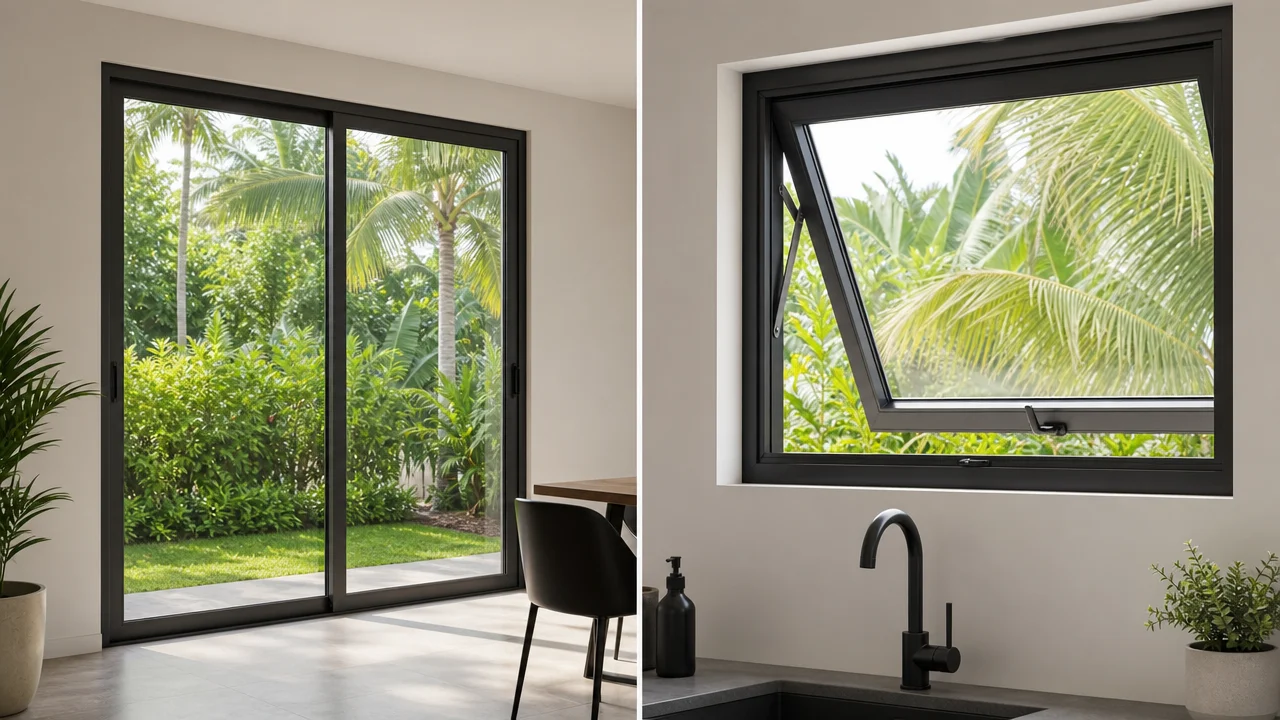 Comparación de ventana corrediza y ventana proyectada de aluminio negro instaladas en residencia moderna en República Dominicana