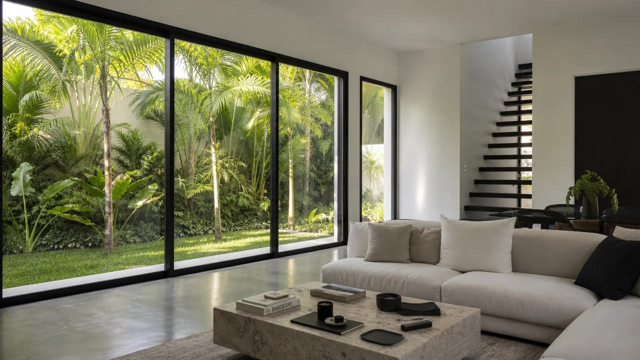 Ventanas de aluminio negro instaladas en sala de estar moderna en Santo Domingo República Dominicana