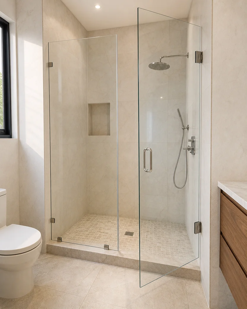 Mampara de baño con puerta batiente en vidrio templado — ALUM Santo Domingo