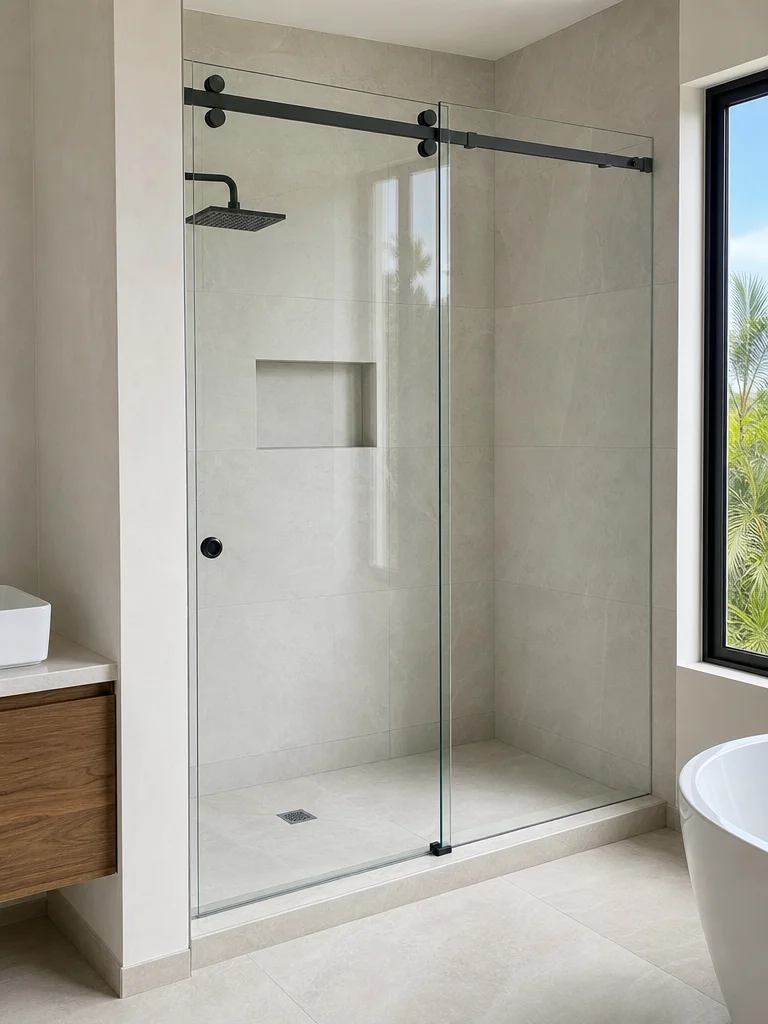 Mampara de baño con puerta corrediza en vidrio templado — ALUM República Dominicana