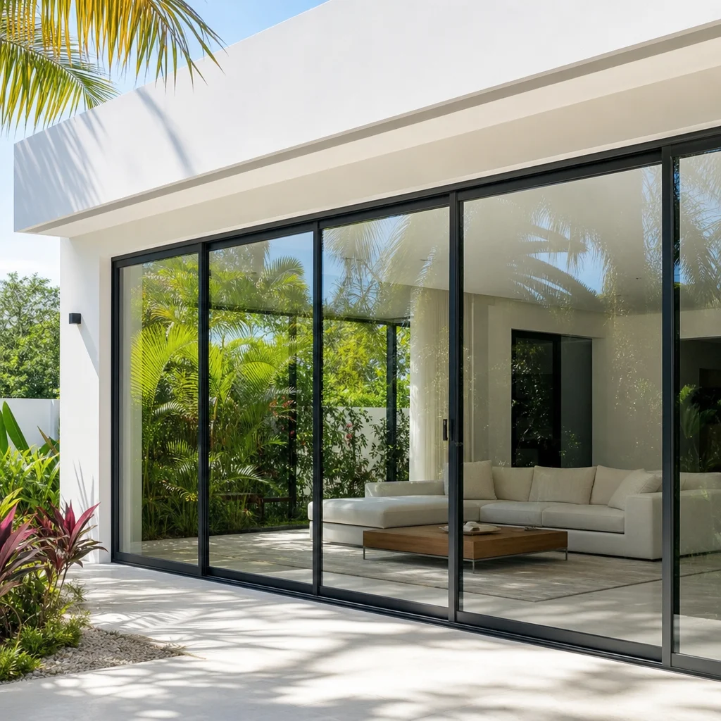Puerta corrediza de aluminio negro instalada en residencia moderna en Santo Domingo República Dominicana