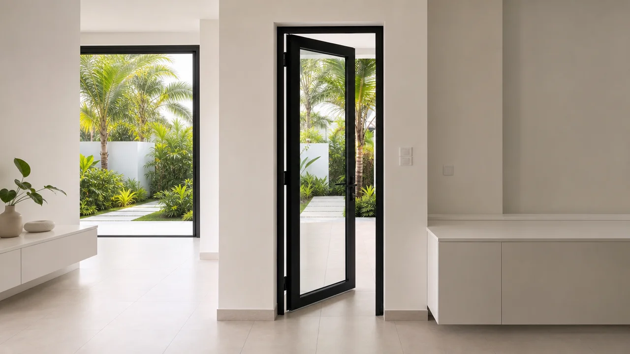Puerta P40 batiente de aluminio negro con vidrio instalada en residencia moderna en República Dominicana