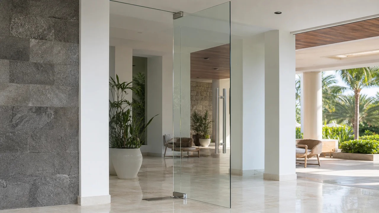 Puerta flotante de vidrio templado sin marco en lobby moderno en República Dominicana con herrajes de acero inoxidable